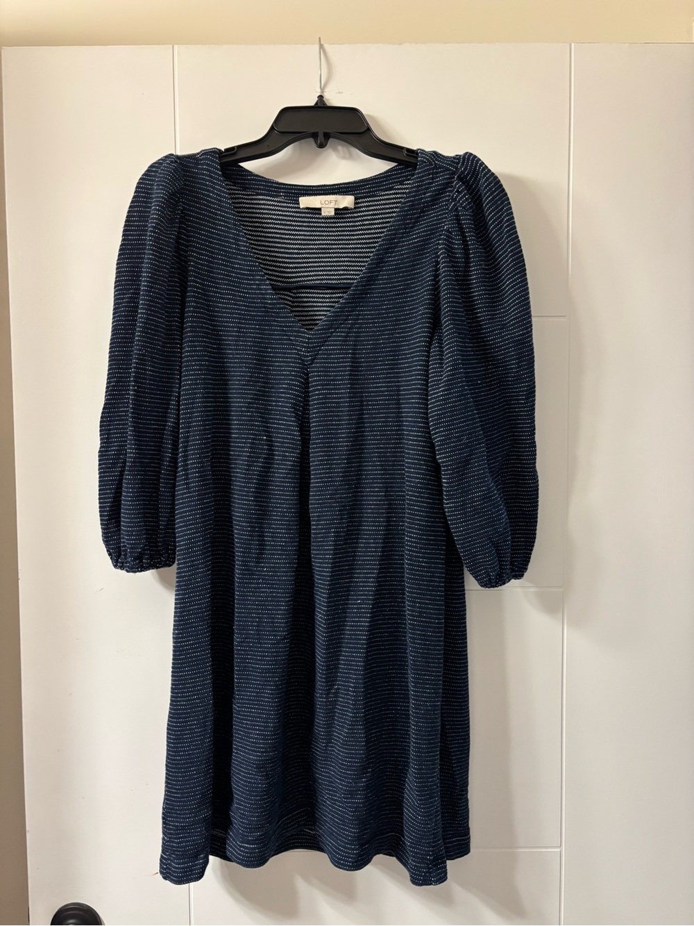 LOFT Navy Striped V-Neck Puff Sleeve Dress